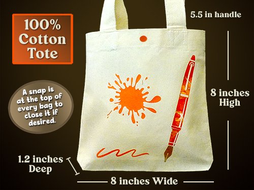 Mini 8 inch canvas tote bag with orange fountain pen, splotch, and squiggle. Adorable bag created by Nancy Walke Bond.