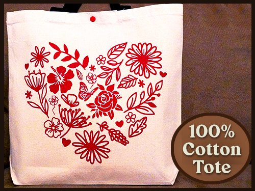 Cotton Canvas tote bag with the image of a floral collage in the shape of a heart created by Nancy Walke Bond.